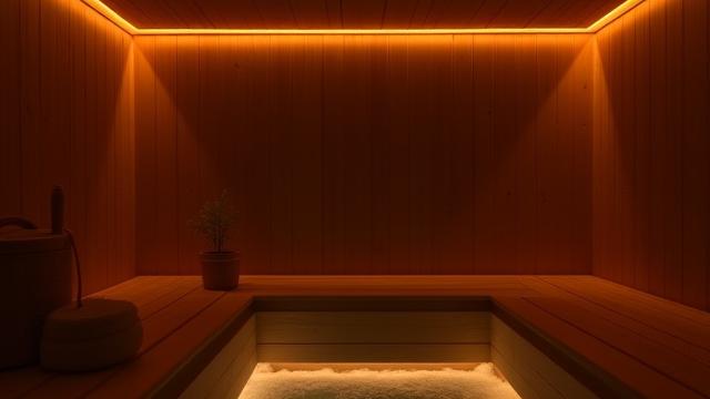 A steamy sauna with a dark wood interior and soft lighting.