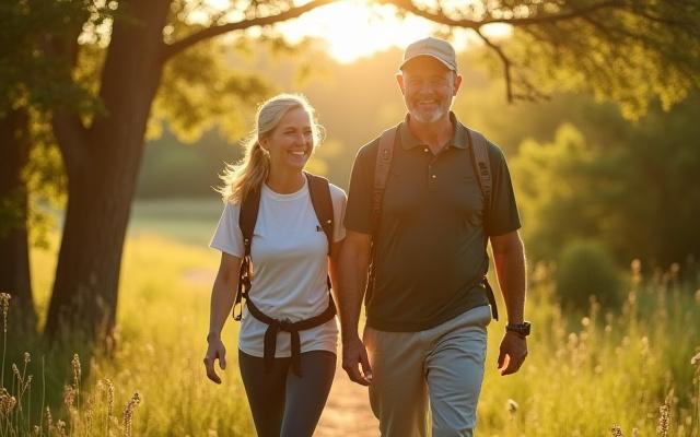 An active couple, aged 40-50, hiking on a scenic trail in the Austin hill country, sunlight filtering through trees, conveying natural fitness and vitality.